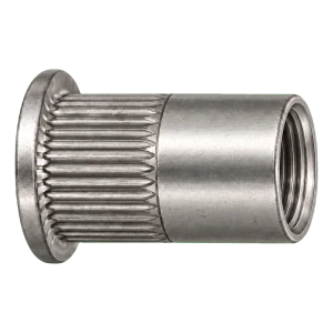 Blindnittemøtrik i rustfrit stål A4 M12×23 mm – fladt hoved, riflet skaft – karton med 250 stk.