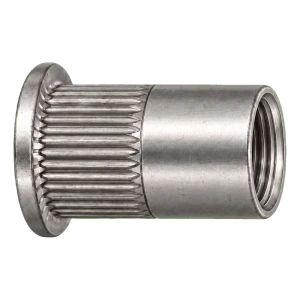 Blindnittemøtrik i rustfrit stål A4 M10×22 mm – fladt hoved, riflet skaft – karton med 250 stk.