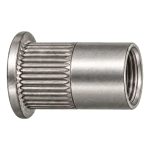 Blindnittemøtrik i rustfrit stål A2 M8×18,5 mm – fladt hoved, riflet skaft – karton med 250 stk.