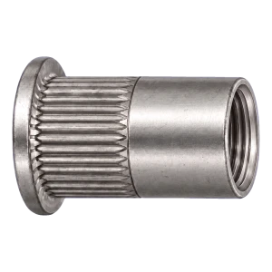 Blindnittemøtrik i rustfrit stål A2 M6×16 mm – fladt hoved, riflet skaft – karton med 250 stk.