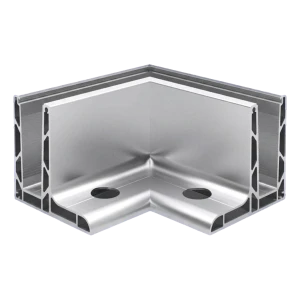 Kozza KE 105 – L-profil hjørne 90° til heldglas balustrade, udvendig, længdemontage fra oven